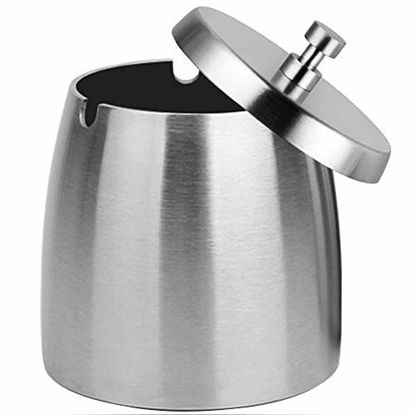 Picture of OILP Outdoor Ashtray with Lid for Cigarettes,Stainless Steel Windproof/Rainproof Ashtray for Outside Home Table (X-Large)