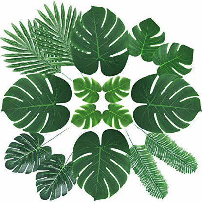 Picture of ElaDeco 66 Pcs Artificial Palm Leaves Tropical Faux Leaves with Stems for Jungle Party Safari Decorations Supplies Hawaiian Luau Beach Theme Birthday Party (6 Kinds)