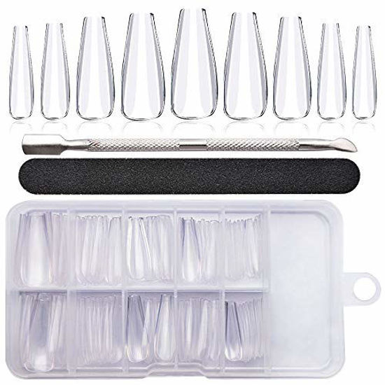 Picture of Clear Long Coffin Shaped Fake Nails, Ballerina Full Cover Acrylic Nail Tips, 100pcs Artificial False Nails with Nail File/Cuticle Pusher/Case for Salon Nail Art, DIY Long Coffin Nails Design Kit