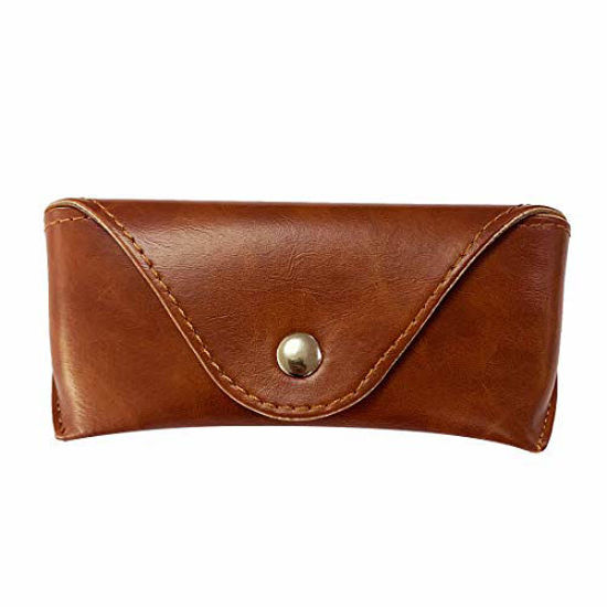 Picture of Portable Leather Glasses Case,Durable Soft Sunglasses Pouch Slim Case for Women Men Horizontal Eyeglass Case Button - Brown