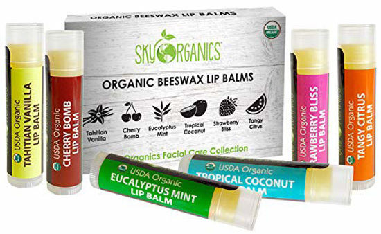 Picture of USDA Organic Lip Balm by Sky Organics - 6 Pack Assorted Flavors - With Beeswax, Coconut Oil, Vitamin E. Best Lip Butter Chapstick for Dry Lips- For Adults and Kids Lip Repair (Variety Pack of 6)