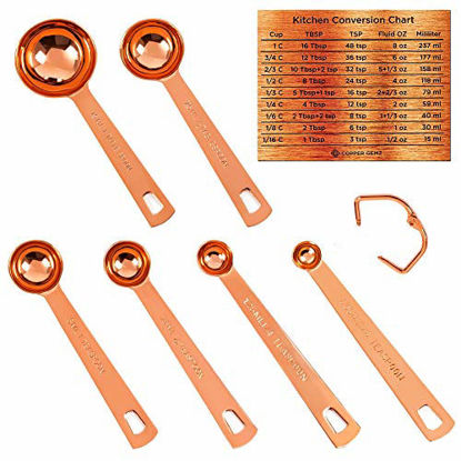 Picture of Copper-plated Measuring Spoons Set of 6 + Kitchen Conversions Chart Magnet. Sturdy and Lightweight, Round Shape. Copper-Plated Stainless Steel. Stylish Mirror Polished Copper Finish. By Copper Gemz