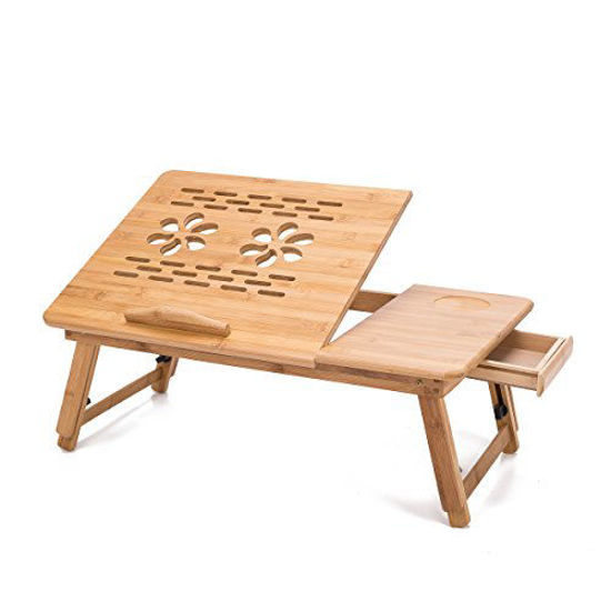 Picture of THY COLLECTIBLES Multi Function Bamboo Lapdesk Table Laptop Stand Breakfast Trays Bed Serving Tray with Adjustable Legs 19 3/4" L x 11 3/4" W