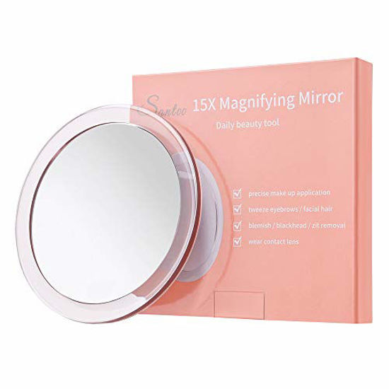 Picture of 15X Magnifying Mirror - with 3 Mounting Suction Cups - Used for Precise Makeup - Eyebrows/Tweezing - Blackhead/Blemish Removal - Bathroom/Travel Makeup Mirror - 6 Inch Round (Rose Gold)