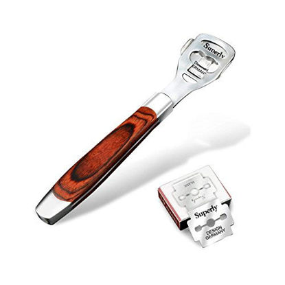 Picture of BEINY Stainless Steel Callus Shaver Pedicure Dead Hard Skin Remover Heel Razor Wooden Handle Cutter with Skin Rub & 10 blades for Foot Care, Removing Solid, Cracked Skin Cells