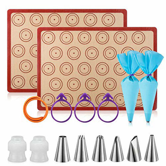 Picture of Silicone Baking Mat Macaron Mat Kit(16pcs set) Macaroon Baking Mat Set of 2 Half Sheet Macaron Silicone Mat Nonstick Macaron Mat Sheet,6 Piping Tip,2 Piping Bag with 3 Bag Tie,2 coupler (11.6"x16.5")