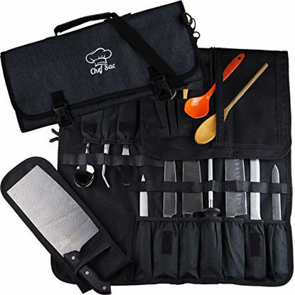 Picture of Chef Knife Roll Bag | 8+ Slots for Knives Cleaver & Kitchen Tools Utensils | 2 Large Zip Pockets | Durable | Best Gift for Executive Chefs & Culinary Students (Black) by Chef Sac