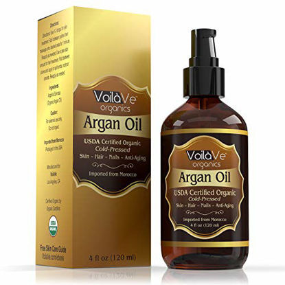 Picture of VoilaVe USDA and ECOCERT Pure Organic Moroccan Argan Oil for Skin, Nails & Hair Growth, Anti-Aging Face Moisturizer, Cold Pressed, Hair Moisturizer, Rich in Vitamin E & Carotenes, 4 fl oz