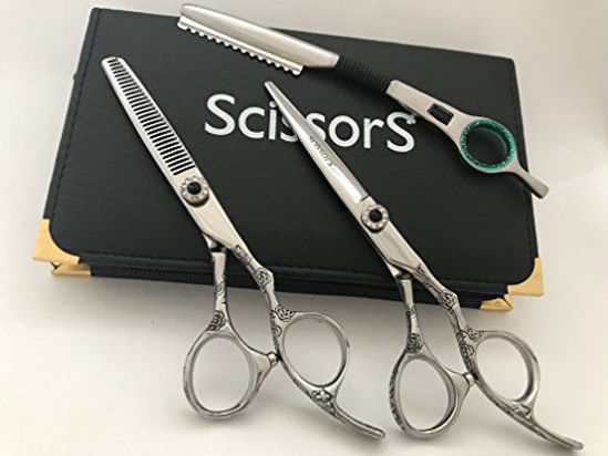 Picture of 5.5" Professional Barber Razor Edge Silver Titanium Coated Hair Cutting and Texturizing Shears Scissors with Straight Razor Student Teacher Kit Set+case Black