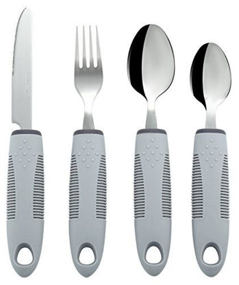 Special Supplies Adaptive Utensils (5-Piece Kitchen Set) Wide,  Non-Weighted, Non-Slip Handles for Hand Tremors, Arthritis, Parkinson?s or  Elderly Use - Stainless Steel Knives, Fork, Spoons - Grey 