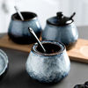 Picture of DoDola Retro Ceramics Sugar Bowl with Lid and Spoon Condiment Pots Seasoning Box 8oz (Gray Blue)