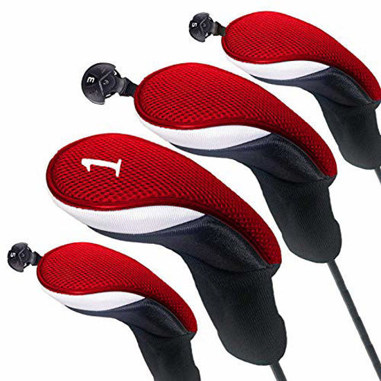 Picture of FINGER TEN Golf Club Head Covers Woods Driver Fairway Hybrid 3/4/5 Set, Headcovers Men 1 3 5 7 X Interchangeable Number Tag, Fit All Wood Clubs (Red-1 Driver&1 Fairway&2 Hybrid)