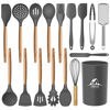 Picture of Mibote 17 Pcs Silicone Cooking Kitchen Utensils Set with Holder, Wooden Handles BPA Free Non Toxic Silicone Turner Tongs Spatula Spoon Kitchen Gadgets Utensil Set for Nonstick Cookware (Grey)