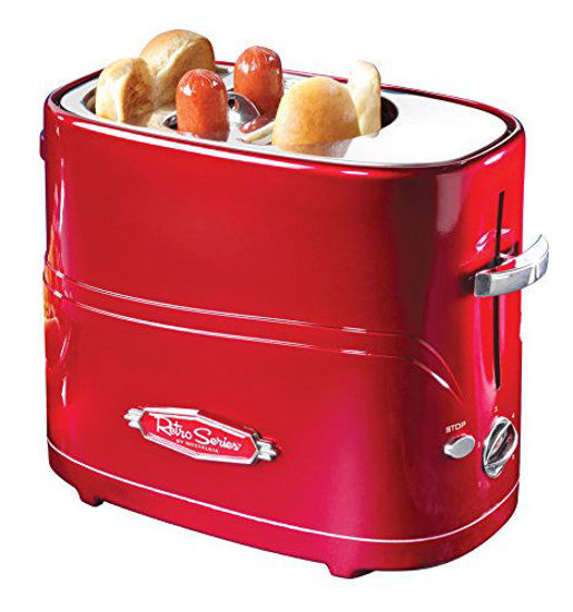 Picture of Nostalgia HDT600RETRORED Pop-Up 2 Hot Dog and Bun Toaster With Mini Tongs Works with Chicken, Turkey, Veggie Links, Sausages and Brats, Pack of 1, Retro Red