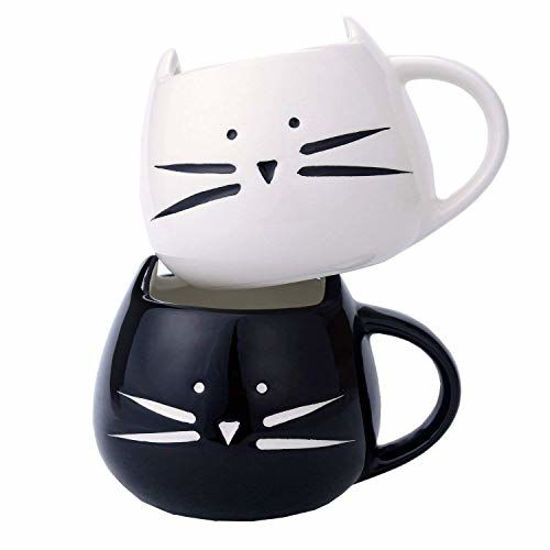 Picture of Ilyever 2 Pack Funny Cute Cat Coffee Tea Milk Ceramic Mug Cup Best Gift for Christmas and All Holliday Special Day,White+Black