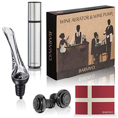 Picture of Wine Aerator and Wine Saver Pump with 2 Vacuum Bottle Stoppers by Barvivo - Pour, Aerate, Enjoy and Preserve Your Red Wine, it Will Taste 3 Times Better Than Originally and Stay at its Best for Days.