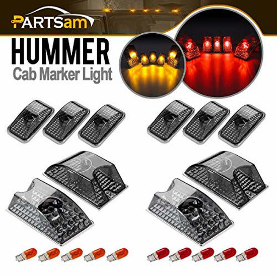 Picture of Partsam 10pcs 264160BK Smoke Cab Marker Top Roof Running Whole Assembly Set Chrome Lights + T10 Halogen Bulbs (5X Amber + 5X Red) Compatible with Hummer H2 SUV SUT 2003-2009