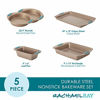 Picture of Rachael Ray 46179 Cucina Nonstick Bakeware Set with Grips includes Nonstick Bread Pan, Baking Pan, Cookie Sheet and Cake Pans - 5 Piece, Latte Brown with Agave Blue Handle Grips