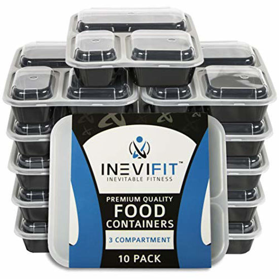 Picture of INEVIFIT Meal Prep 3 Compartment BPA FREE, Premium Food Storage Containers, Durable & Reusable, 36 oz. Stackable 10 Pack, Microwaveable & Dishwasher Safe Bento Lunch Box with Leak Resistant Technology