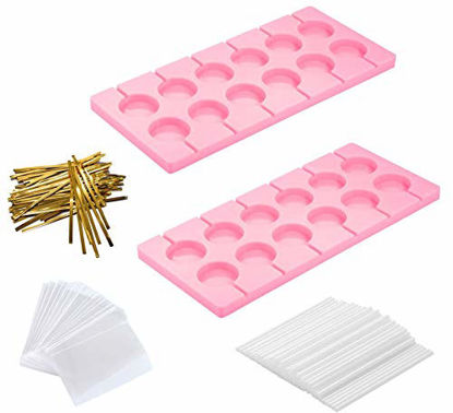 Picture of Digoon 2Pcs/Pack 12-Capacity Silicone Lollipop Molds,Hard Candy Mold With 100 Pcs/Pack 4 Inch Lollypop Sucker Sticks,Candy Treat Bags,gold ties