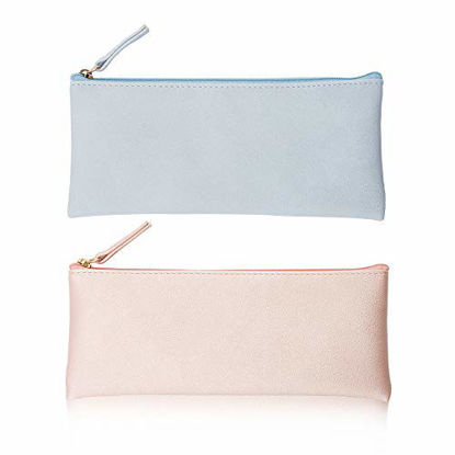 Picture of EONMIR PU Leather Pencil Cases Pouch Bag with Zipper,Small Simple Pencil Pouches, Makeup Pouch, Cosmetic Pouch (Blue+Pink)