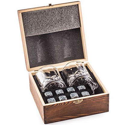 Picture of Impressive Whiskey Stones Gift Set with 2 Glasses - Be Different When Choosing a Gift - Luxury Handmade Box with 8 Granite Whisky Rocks & Velvet Bag - Ice Cubes Reusable - 'Best Man' Gift