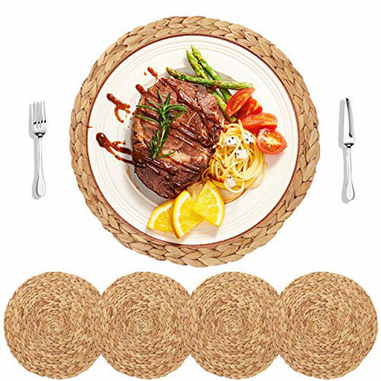 Picture of HomeDo 4Pack Large Round Woven Placemats for Dining Table, Water Hyacinth Straw Braided Placemat, Heat Resistant Non-Slip Weave Placemats Handmade(Water Hyacinth-4pack, Round 12")