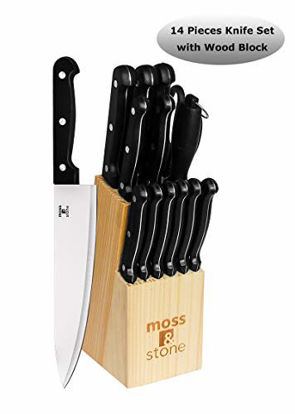 Picture of Stainless Steel Serrated Knife Set | Kitchen knives Set With High-Carbon Stainless Steel Blades And Wooden Block Set | Cutlery Knife Set By Moss & Stone. (14 Piece)