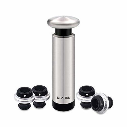 Picture of EZBASICS Wine Saver Vacuum Pump with 4 Wine Bottle Stoppers, Stainless Steel