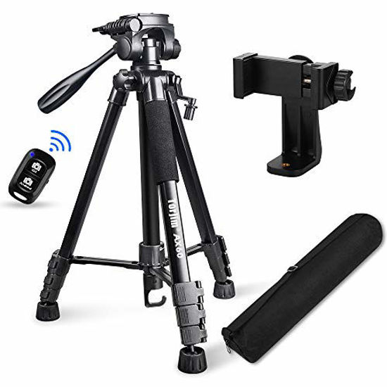 Picture of Torjim 60 Camera Tripod with Carry Bag, Lightweight Travel Aluminum Professional Tripod Stand (5kg/11lb Load) with Bluetooth Remote for DSLR SLR Cameras Compatible with Phone-Black