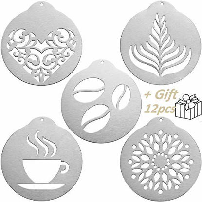 Picture of JENNIMER 5Pcs Coffee Stencils, Stainless Steel Printing with 12Pcs Hello Kitty Templates and 1Pcs 5inch Expander,Barista Cappuccino Arts Garland Mould Cake DIY Decorating Tool for Kitchen and Store