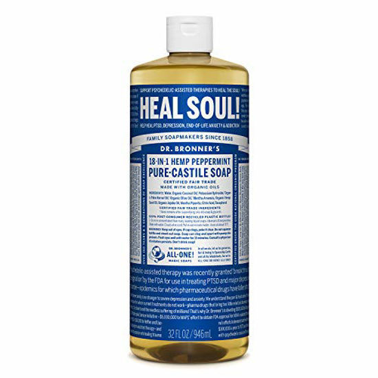 Picture of Dr. Bronners - Pure-Castile Liquid Soap (Peppermint, 32 ounce) - Made with Organic Oils, 18-in-1 Uses: Face, Body, Hair, Laundry, Pets and Dishes, Concentrated, Vegan, Non-GMO