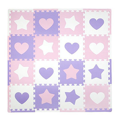 Picture of Tadpoles Baby Play Mat, Kid's Puzzle Exercise Play Mat - Soft EVA Foam Interlocking Floor Tiles, Cushioned Children's Play Mat, 16pc, Hearts and Stars, Pink/Purple/White, 50x50