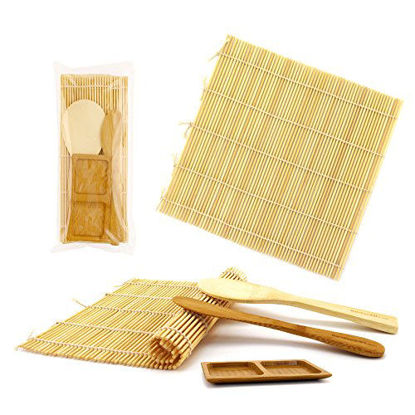 Picture of BambooMN Deluxe Sushi Making Kit 2x Natural Rolling Mats, 1x Rice Paddle, 1x Spreader, 1x Compartment Sauce Dish | 100% Bamboo Mats and Utensils