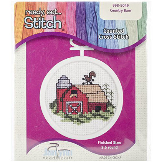 Picture of Janlynn 18 Count Round Mini Counted Cross Stitch Kit, 2-1/2-Inch, Barn