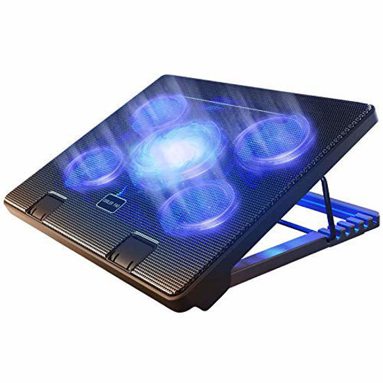 Picture of Kootek Laptop Cooling Pad 12"-17" Cooler Pad Chill Mat 5 Quiet Fans LED Lights and 2 USB 2.0 Ports Adjustable Mounts Laptop Stand Height Angle, Blue