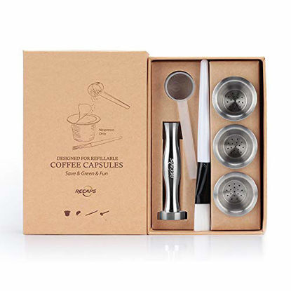 Picture of RECAPS Stainless Steel Refillable Filters Reusable Pods Compatible with Nespresso Original Line Machine But Not All (3 Pods+120 Lids+1 Tamper)