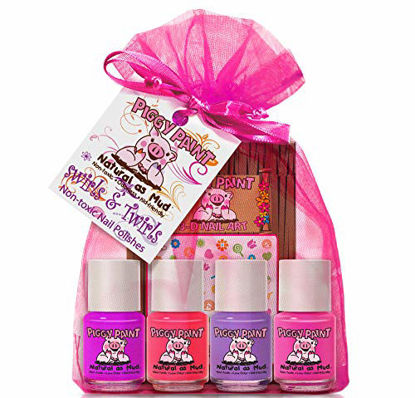 Picture of Piggy Paint 100% Non-Toxic Girls Nail Polish - Safe, Chemical Free Low Odor for Kids, Swirls & Twirls Gift Set - Stocking Stuffer for Kids