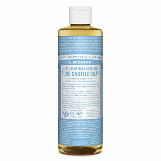 Picture of Dr. Bronners - Pure-Castile Liquid Soap(Baby Unscented, 16 Ounce)- Made with Organic Oils, 18-in-1 Uses: Face, Hair, Laundry & Dishes For Sensitive Skin & Babies, No Added Fragrance, Vegan, Non-GMO