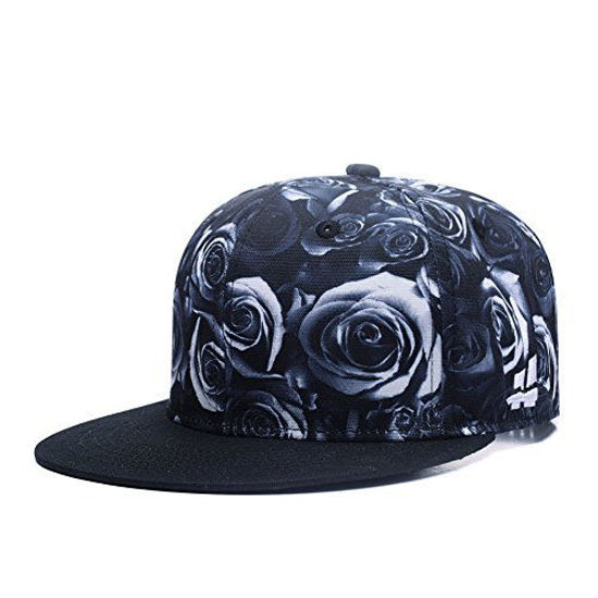 Picture of Premium Floral Black White Rose Twill Adjustable Snapback Hat Hip-Hop Flat Peaked Baseball Caps