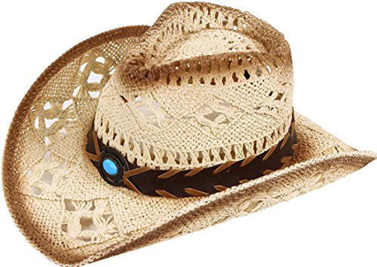 Picture of Classic Western Cowboy Straw Hat with Leather Band, Blue Bead