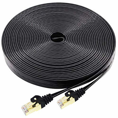 Picture of Cat7 Ethernet Cable 100 FT with Cable Clips, BUSOHE Cat-7 Flat RJ45 Computer Internet LAN Network Ethernet Patch Cable Cord - 100FT Black