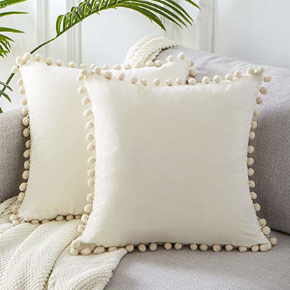 Picture of Top Finel Square Decorative Throw Pillow Covers Soft Velvet Outdoor Cushion Covers 18 X 18 with Balls for Sofa Bed, Set of 2, Cream