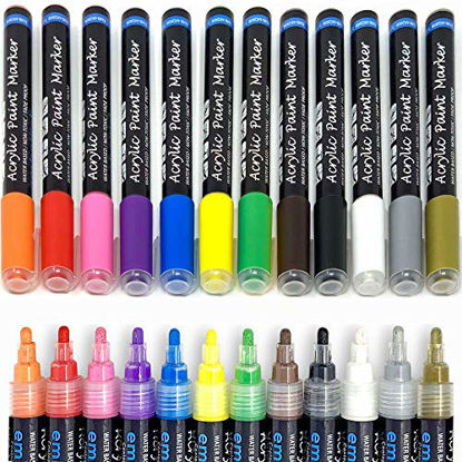 Picture of Acrylic Paint Marker Pens, Set of 12 Colors Markers Water Based Paint Pen for Rock Painting, Canvas, DIY Craft, School Project, Glass, Ceramic, Wood, Metal (Medium Tip)