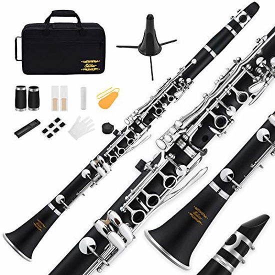 Picture of Eastar B Flat Clarinet Black Ebonite Clarinet Student Beginner, Nickel-plated Keys, with Mouthpiece, Protective Cap, 2 Connector, 8 Occlusion Rim, Clarinet Stand, 3 Reeds, Hard Case and More Keys