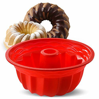 Picture of Aokinle Silicone Baking Molds, European Grade Fluted Round Cake Pan, Non-Stick Cake Pan for Jello,Buntcake,Gelatin,Bread, 9.45 Inches Tube Bakeware Red