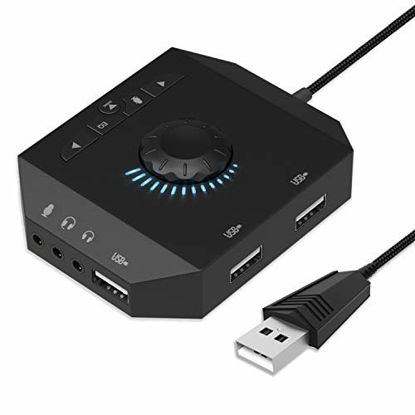 Picture of USB Hub with Audio Adapter, Tendak External Sound Card with 3.5mm Headphone Microphone Jack and Volume Control 3 Port USB Hub for Laptop PC HDD Disk