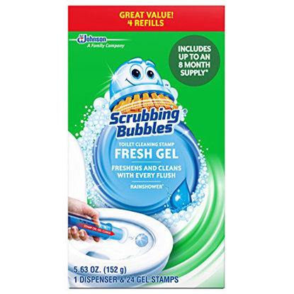 Picture of Scrubbing Bubbles Fresh Gel Toilet Bowl Cleaning Stamps, Gel Cleaner, Helps Prevent Limescale and Toilet Rings, Rainshower Scent, 1 dispenser and 24 gel stamps