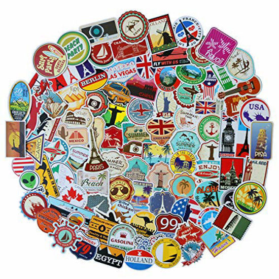 Picture of JJLIN 100pcs World Famous Tourism Country & Regions Logo Waterproof Stickers -Travel Map National Flag, Idea for Luggage Skateboard Laptop Luggage Suitcase Book Covers etc (Tourist Wonders)