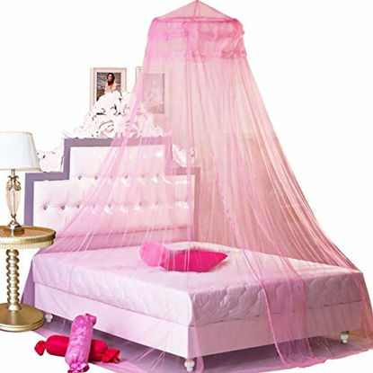 Picture of BCBYou Pink Princess Bed Canopy Netting Mosquito Net Round Lace Dome for Twin Full and Queen Size Beds Crib with Jumbo Swag Hook